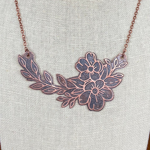 Flowers & Leaves Etched Copper Necklace